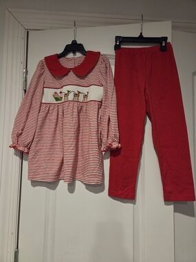 Stitchy Fish Red Striped Girls Set with Reindeer Smocking